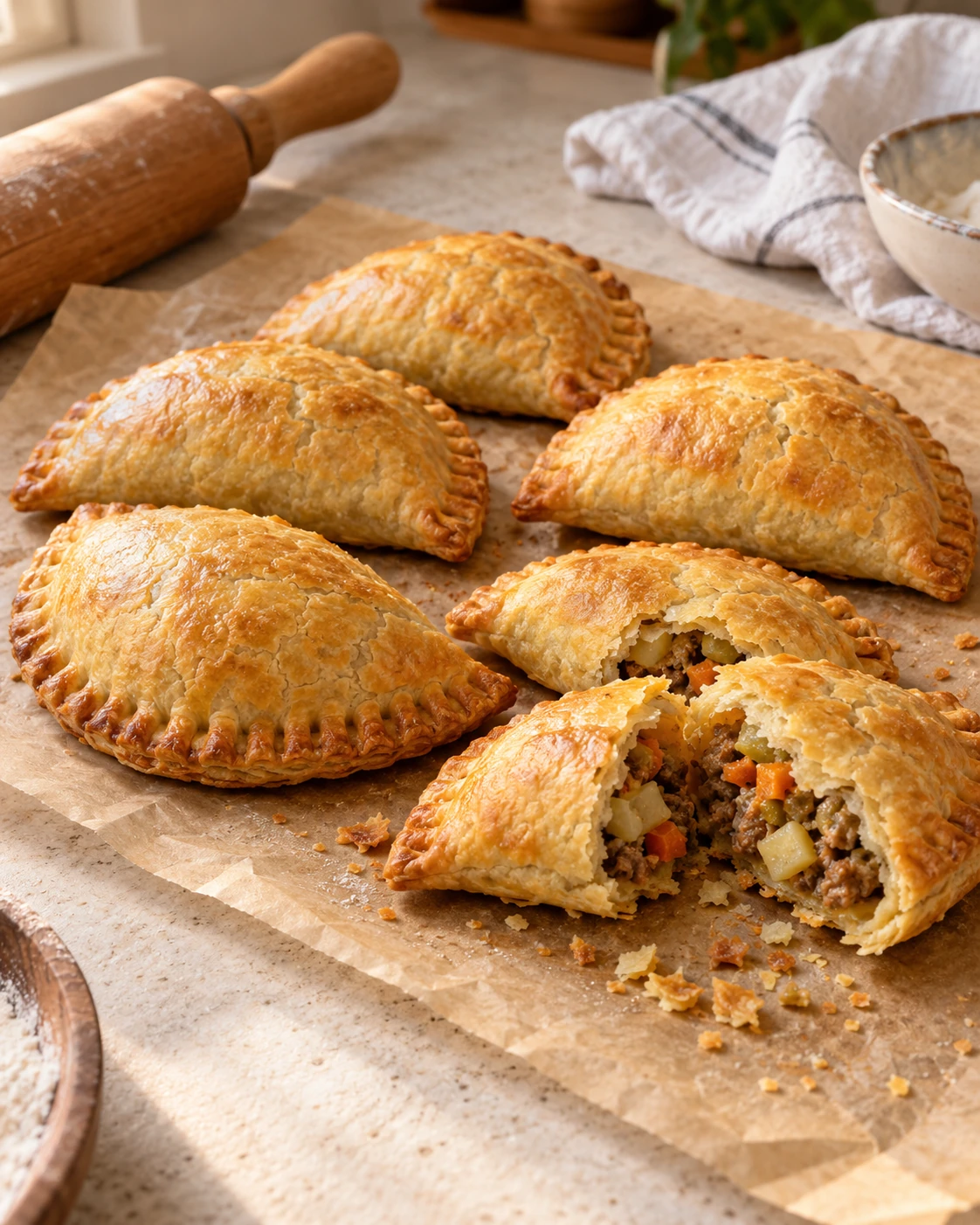 Golden homemade meat pies cooling on parchment