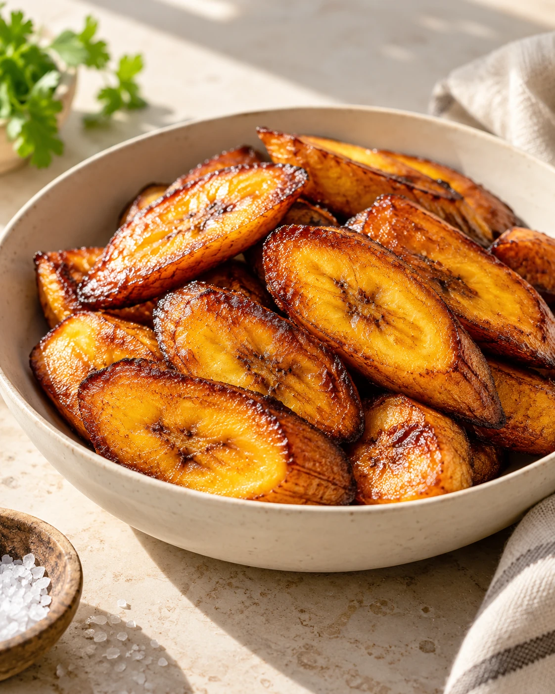 Golden caramelised fried plantain on a handmade plate